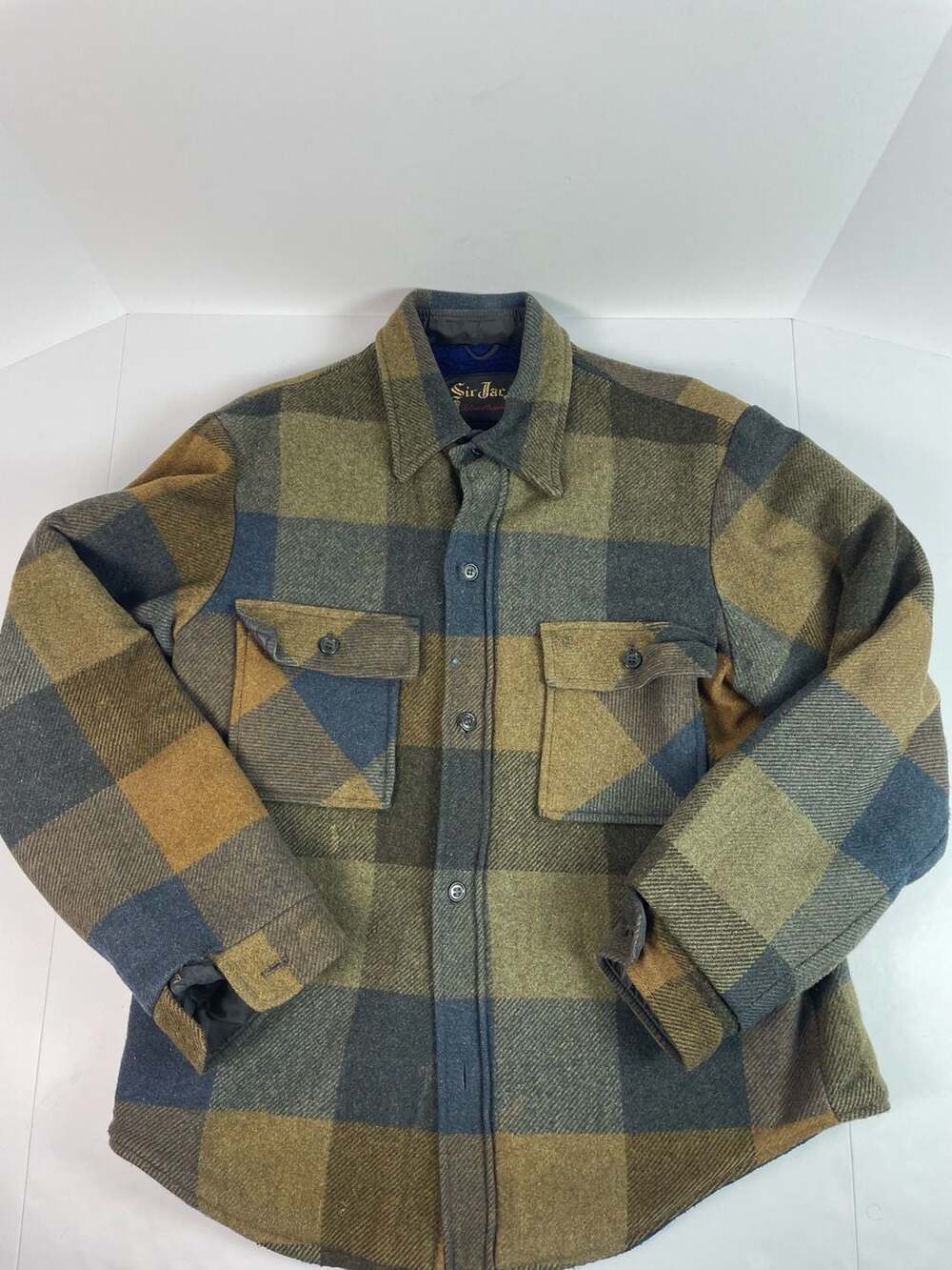 Vintage Sir Jac Plaid Wool Blend CPO Jacket with Blue Sherpa Lining Sz L